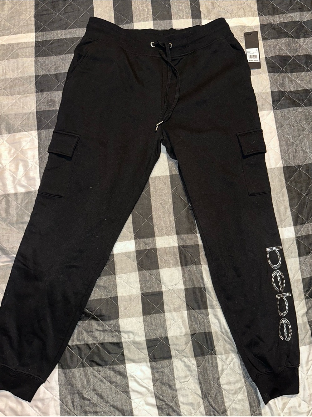 Large bebe Black Cargo Joggers with Crystal Logo